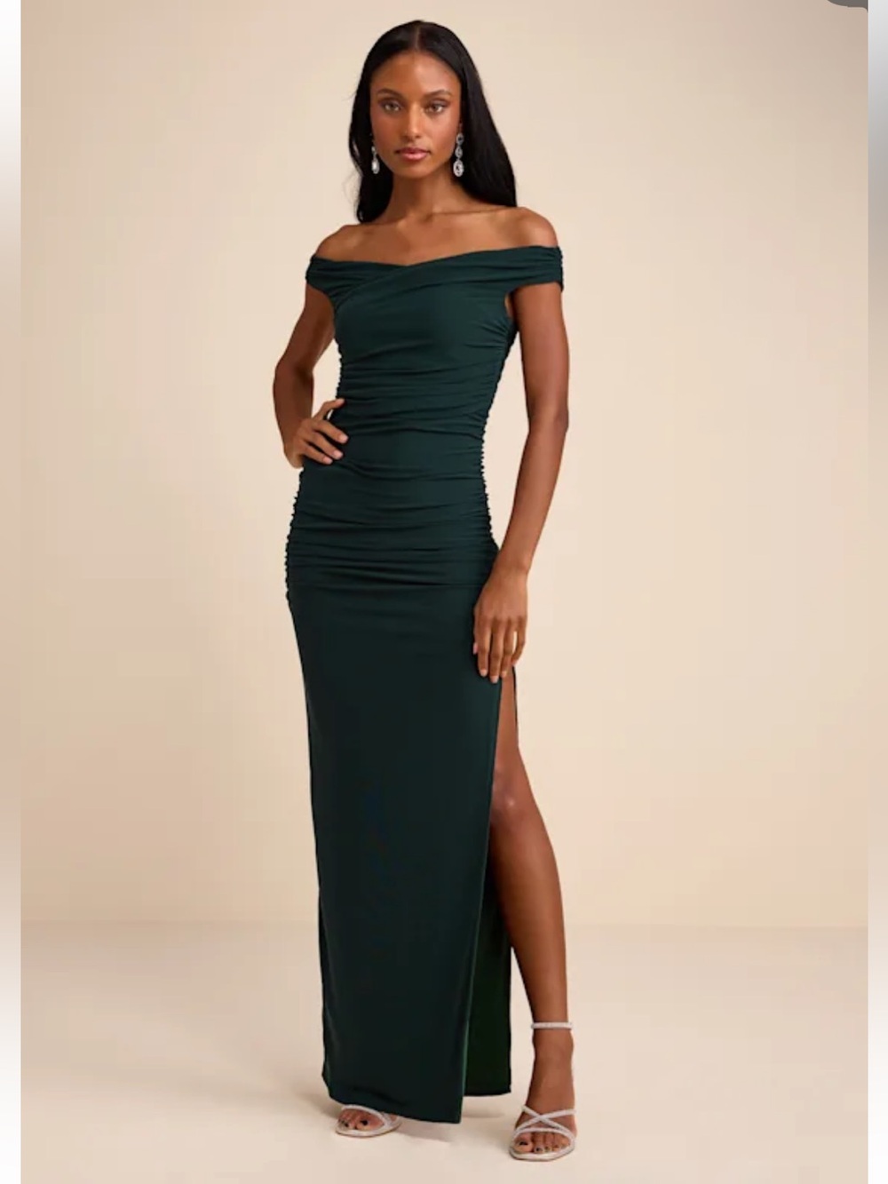 NWT Lulus Scotia Dark Green Mesh Ruched Off-the-Shoulder Maxi Dress FLAWED ZIP
